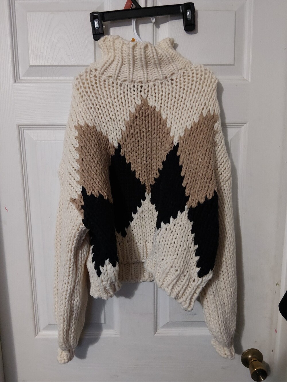 fab'rik Chunky Cream Turtleneck Sweater with Black and Tan Argyle